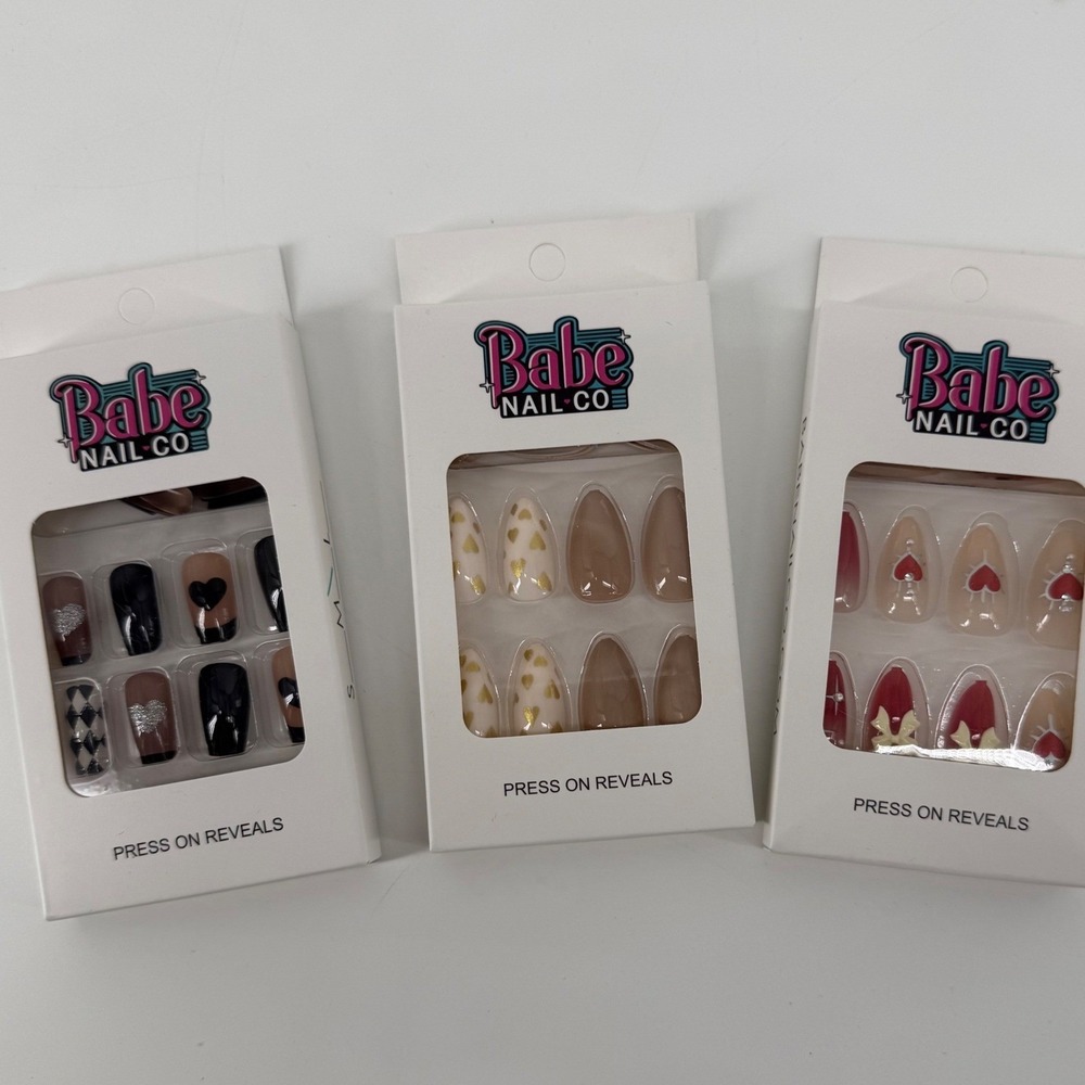 Babe Nail Co 3 pack Press On Valentines Nails Hearts, Bows, checkers, Red, Black